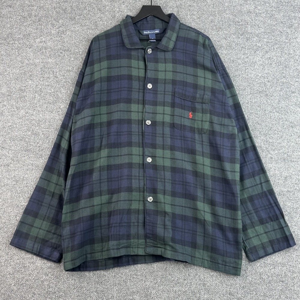 Polo Ralph Lauren Pajama Shirt Mens XL Green Navy Black Watch Plaid Cotton Pony